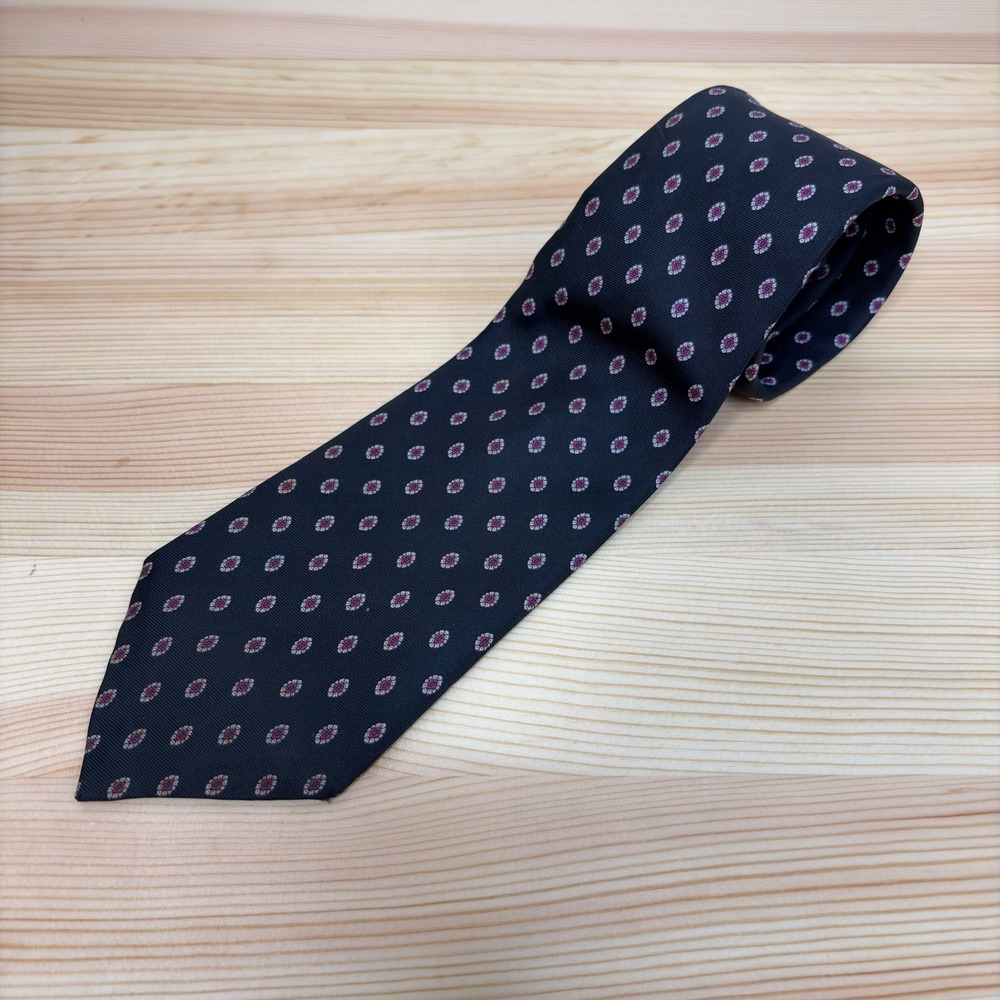 VTG Saddle Club Italy Silk Tie Men Navy Red Geometric Floral Office Preppy Retro